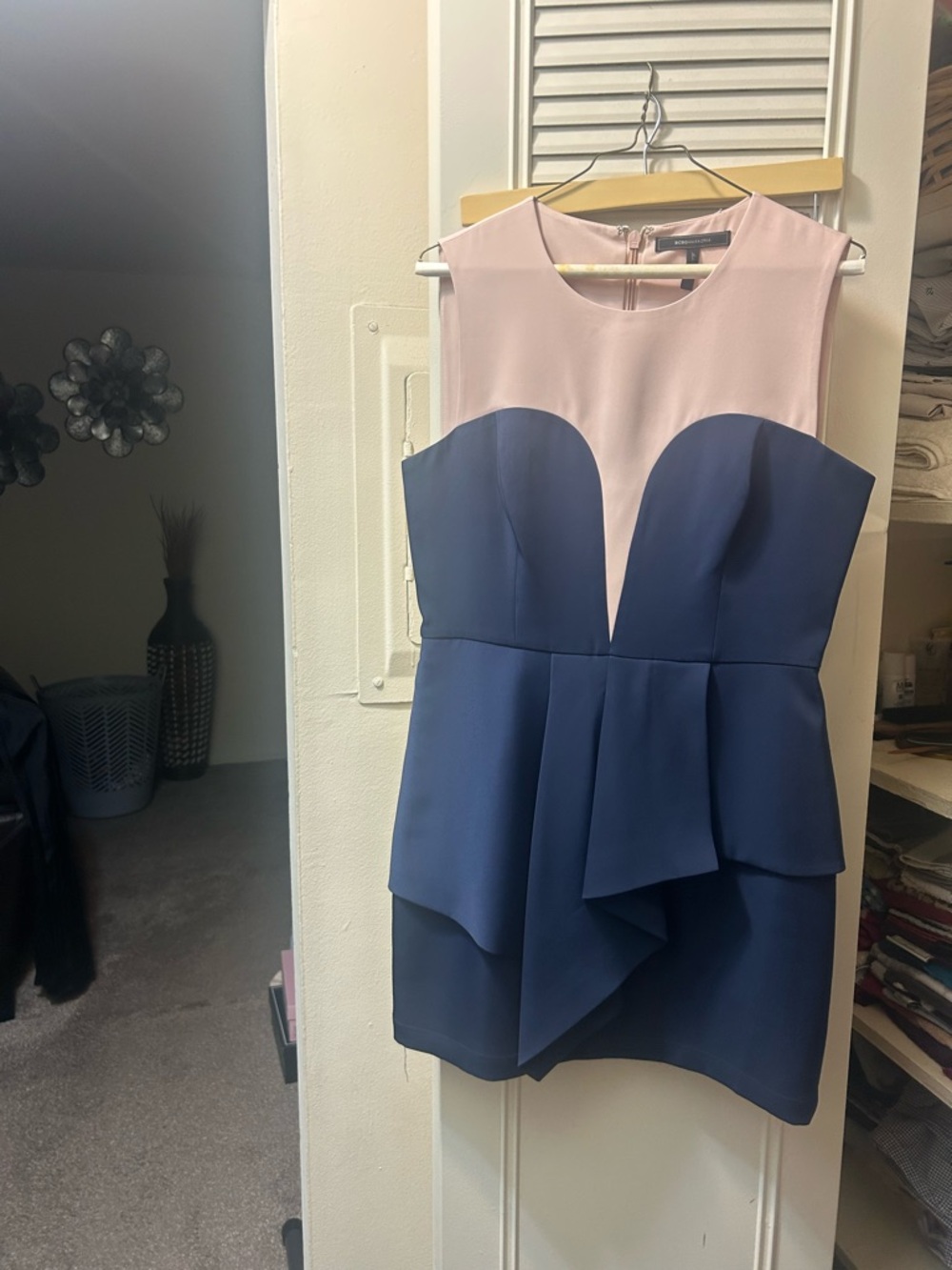 BCBGMaxAzria Mauve and Navy Peplum Colorblock Mini Dress